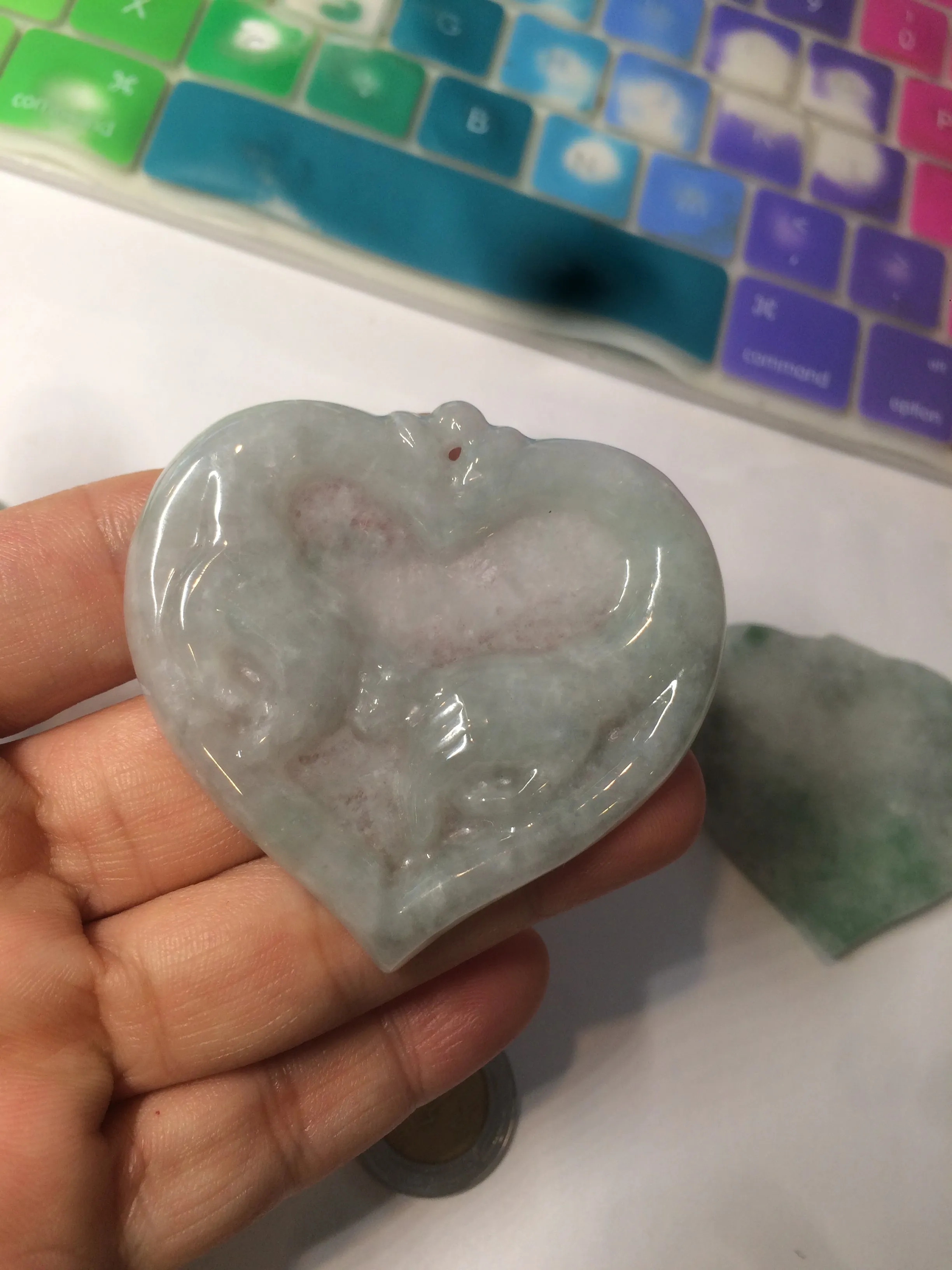 100% Natural type A light green/white concentric hearts/pinky promise(执子之手，与子偕老) jadeite Jade pendant necklace AZ74