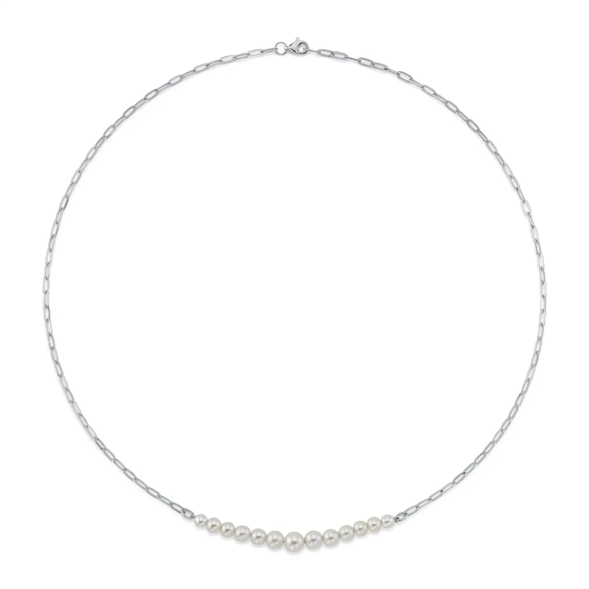 14K White Gold Diamond Cultured Pearl Paper Clip Link Necklace