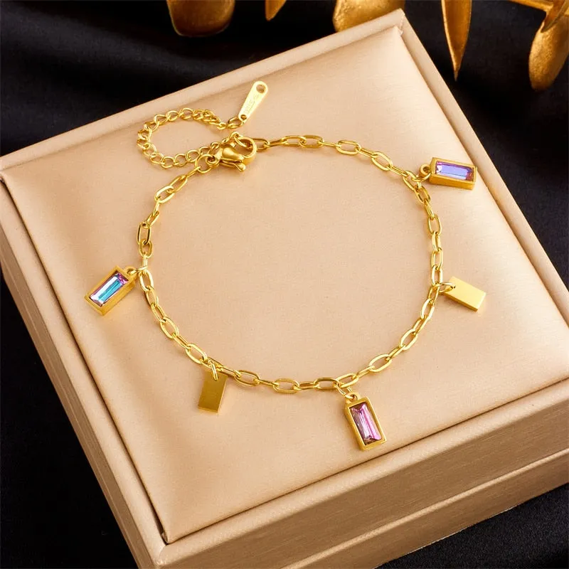 316L Stainless Steel Water Drop Colorful Zircon Charm Bracelet For Women