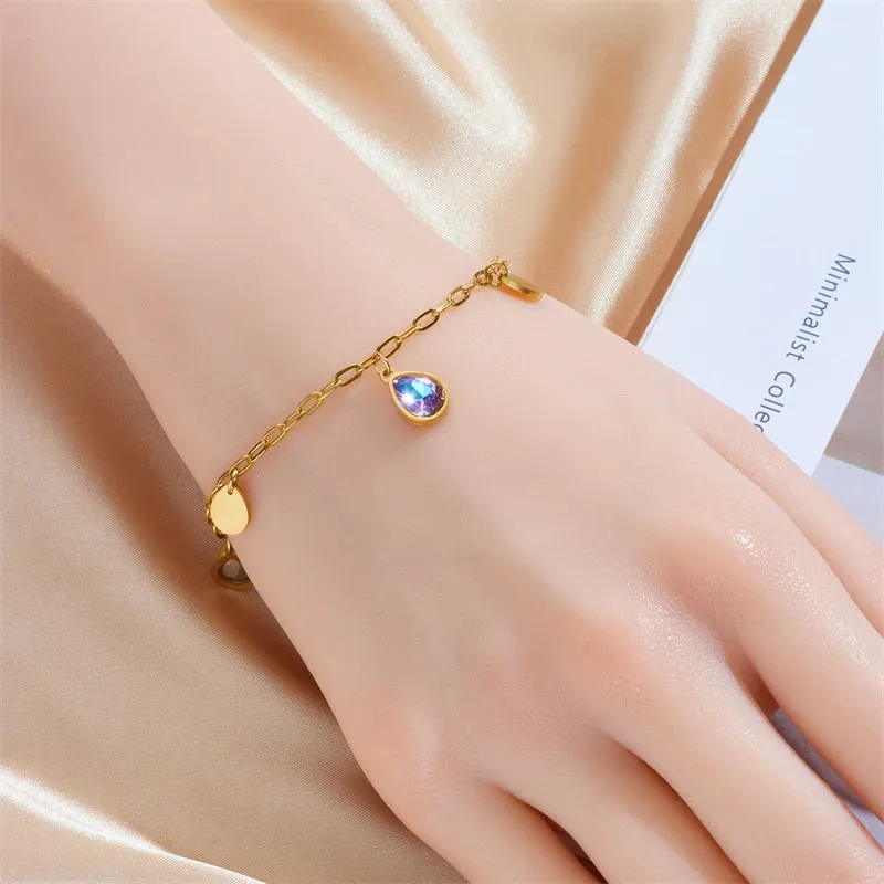 316L Stainless Steel Water Drop Colorful Zircon Charm Bracelet For Women