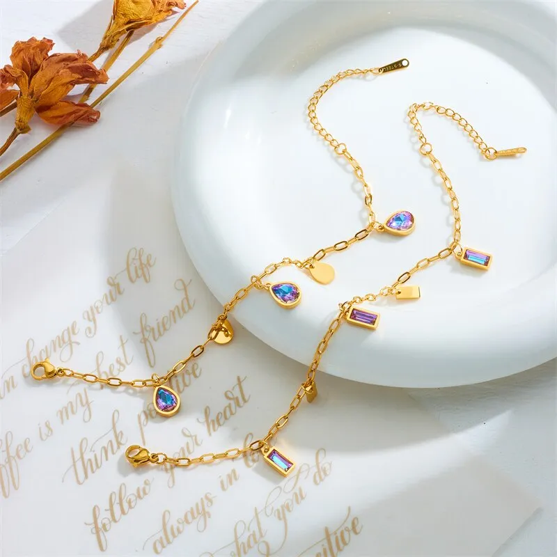 316L Stainless Steel Water Drop Colorful Zircon Charm Bracelet For Women