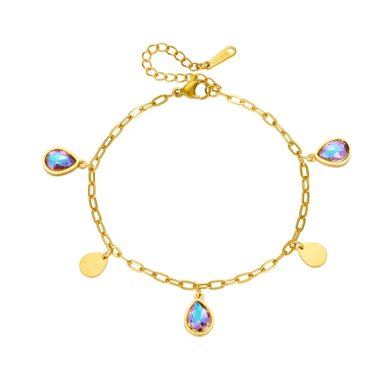 316L Stainless Steel Water Drop Colorful Zircon Charm Bracelet For Women