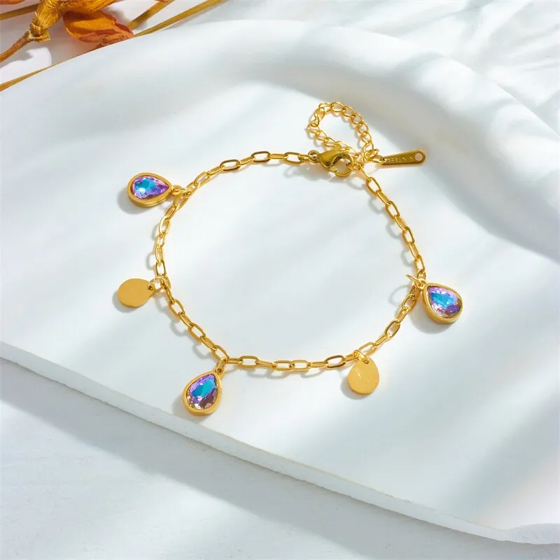 316L Stainless Steel Water Drop Colorful Zircon Charm Bracelet For Women