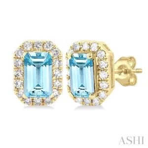 5x3 MM Octagonal Shape Aquamarine and 1/8 ctw Single Cut Diamond Halo Semi Precious Stud Earrings in 10K Yellow Gold