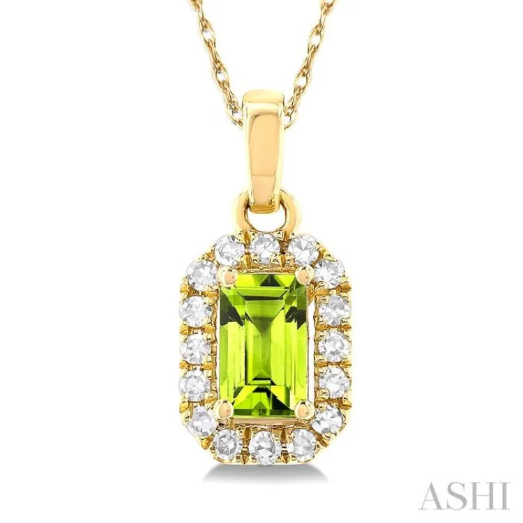 5x3 MM Octagonal Shape Peridot and 1/20 ctw Single Cut Diamond Halo Semi Precious Pendant with Chain in 10K Yellow Gold
