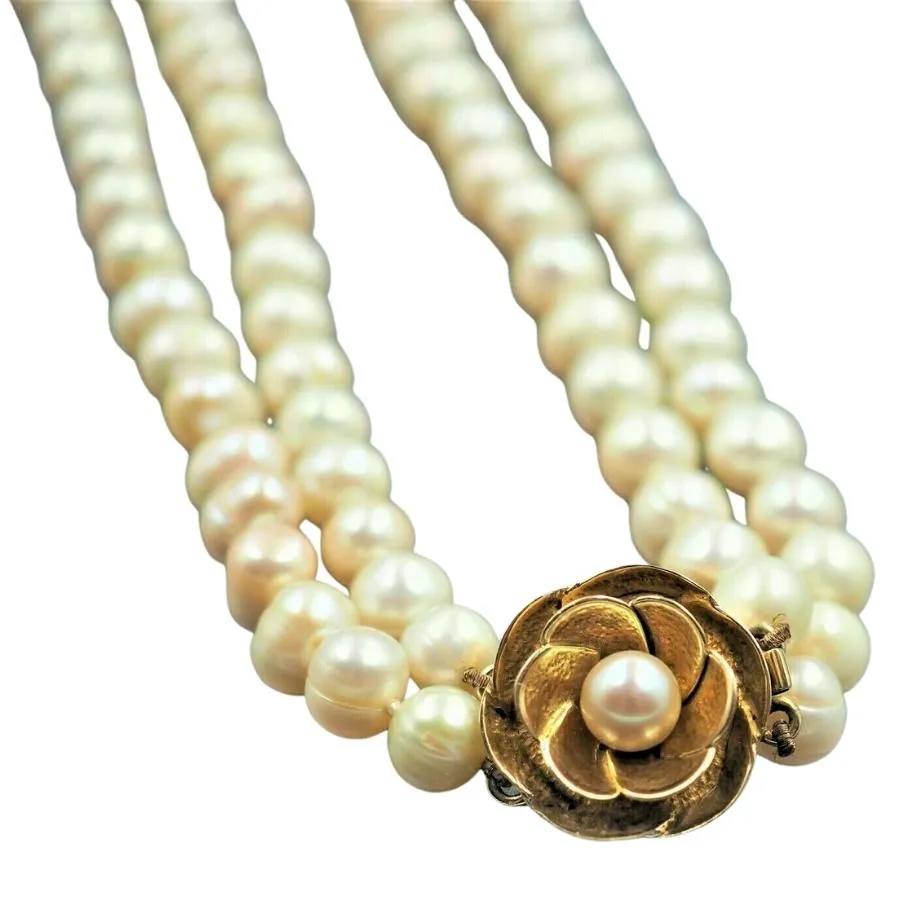 9ct Yellow Gold Double Strand Cultured Pearl Necklace