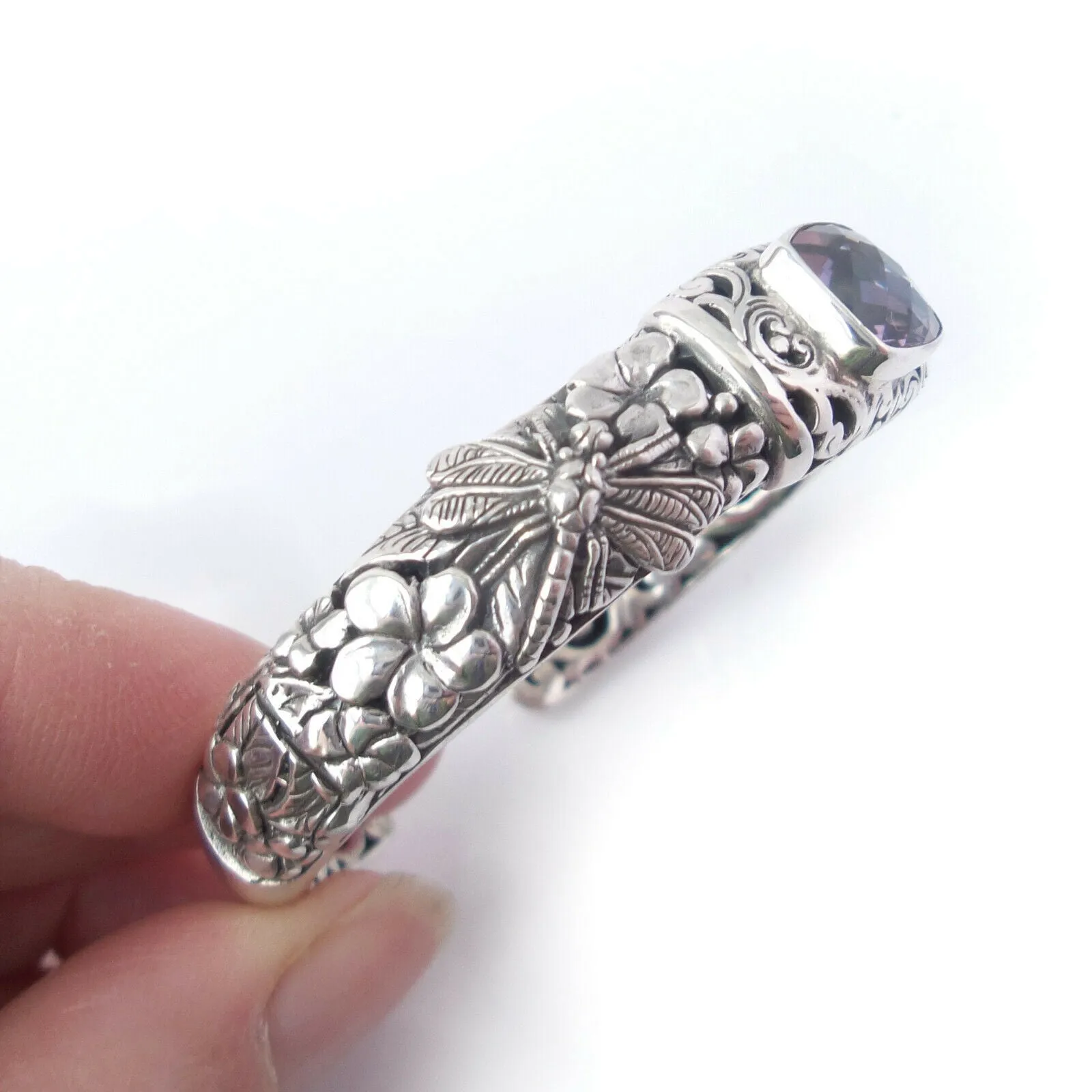 Amethyst Bracelet Solid .925 Sterling Bali Silver Dragonfly Cuff Jewelry Gift