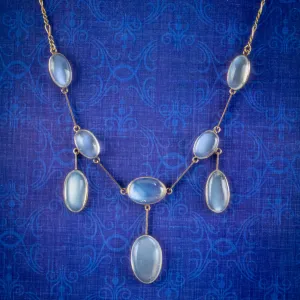 Antique Edwardian Moonstone Lavaliere Necklace 9ct Gold Circa 1905