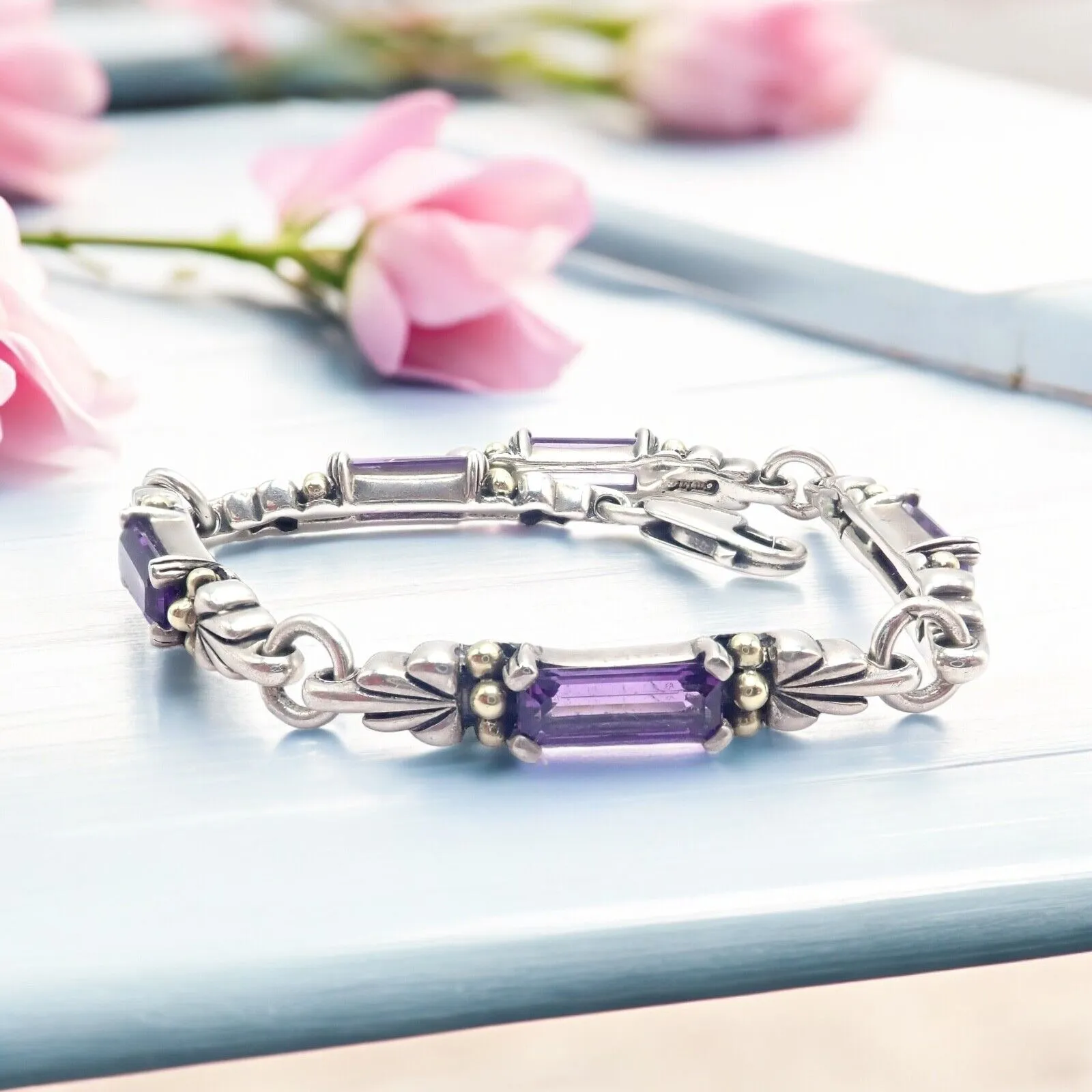Authentic! Lagos Caviar Silver   18k Yellow Gold Amethyst Bracelet