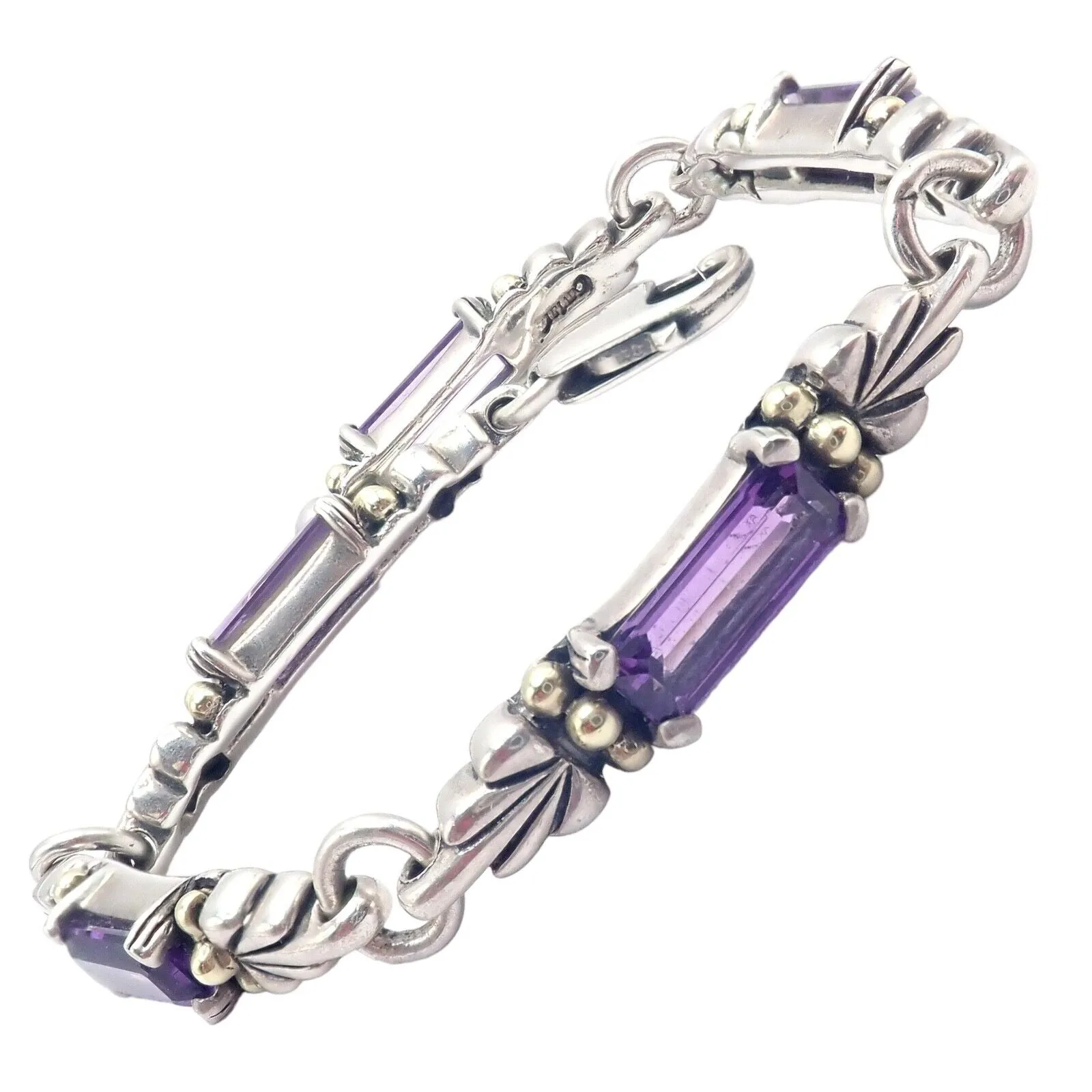 Authentic! Lagos Caviar Silver   18k Yellow Gold Amethyst Bracelet