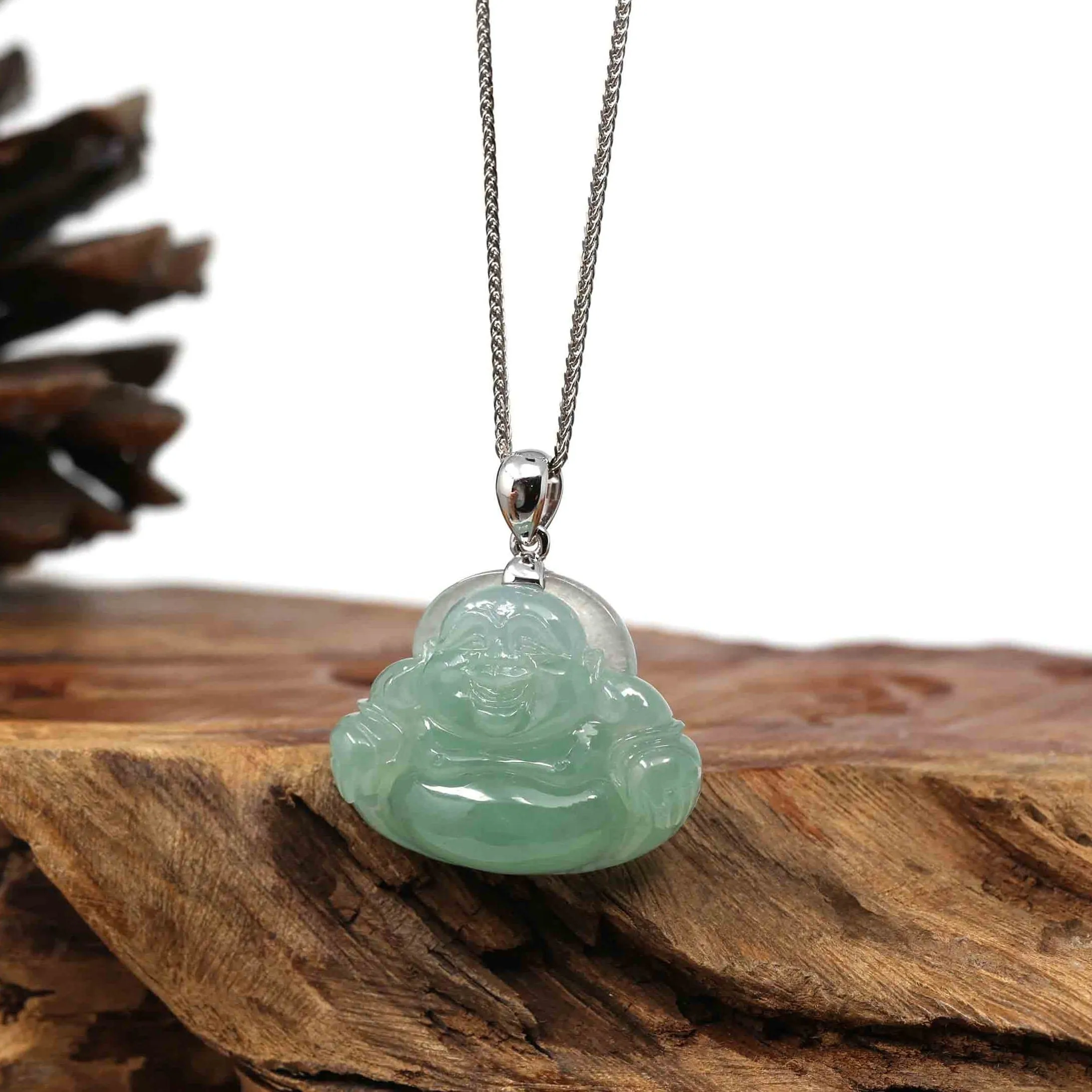 Baikalla™ "Laughing Buddha" Genuine Lake Green Jadeite Buddha Pendant Necklace