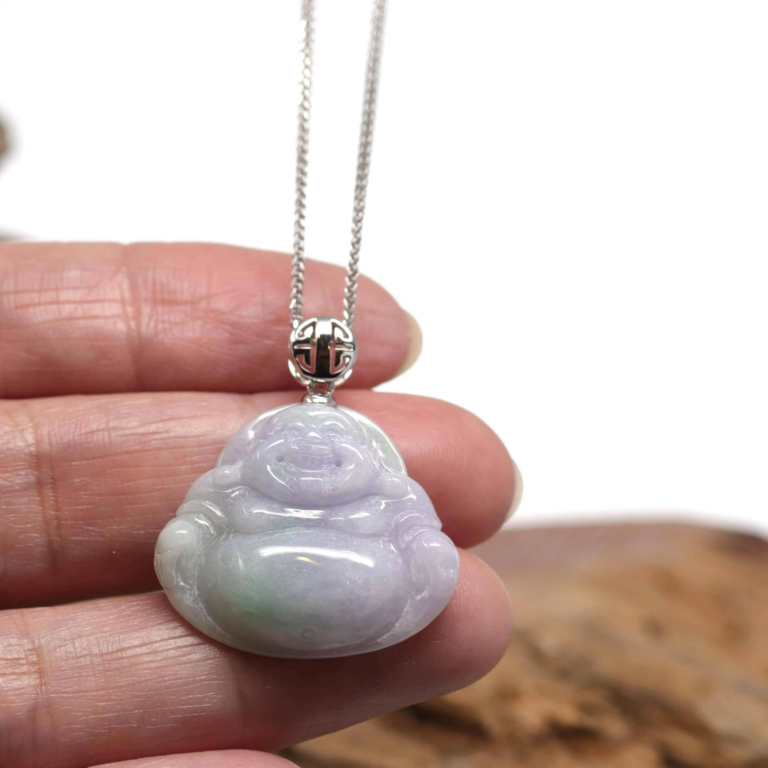 Baikalla™ "Laughing Buddha" Genuine Lavender Jadeite Jade Buddha Pendant Necklace