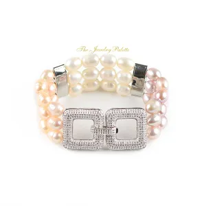 Belle lustrous multicolor freshwater pearl three tier bracelet