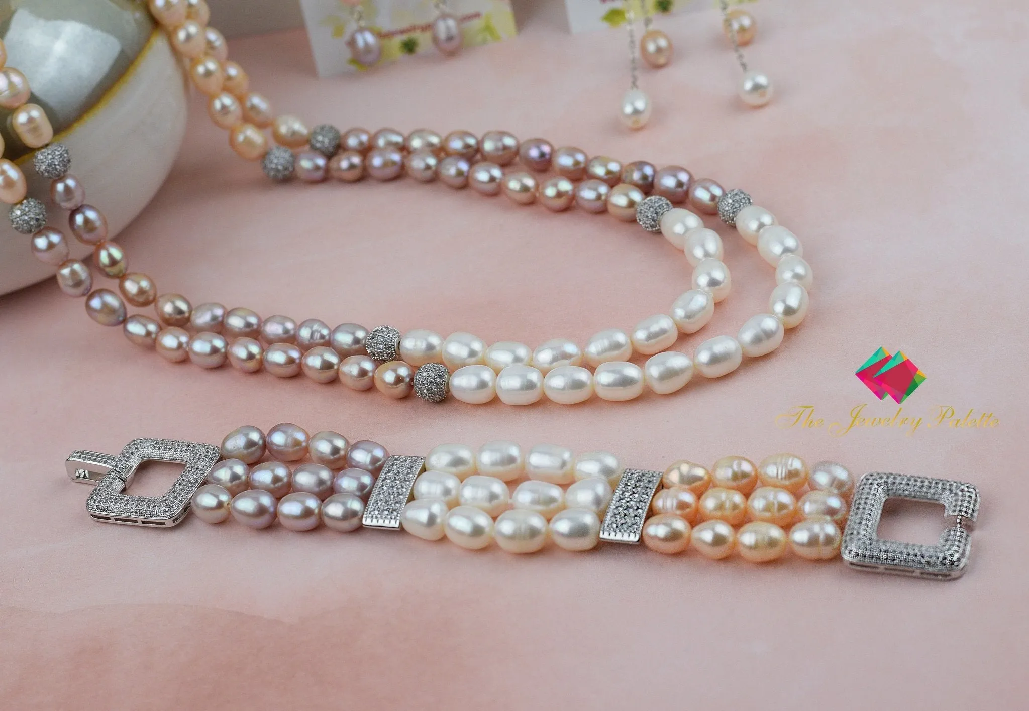 Belle lustrous multicolor freshwater pearl three tier bracelet