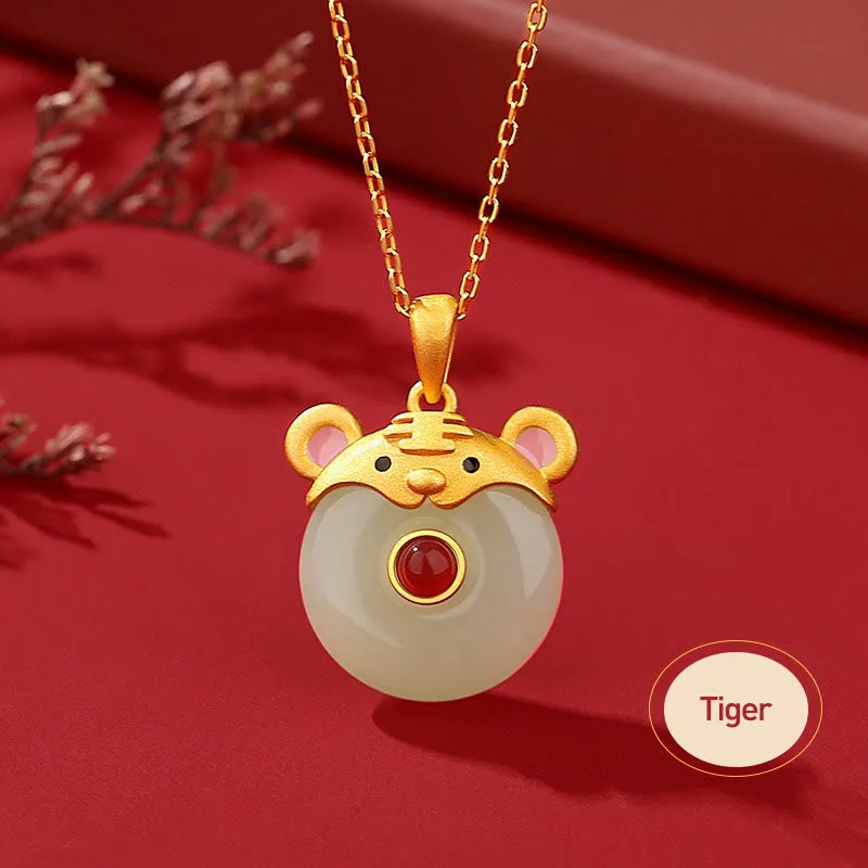 Buddha Stones 925 Sterling Silver Hetian Jade Chinese Zodiac Year of the Dragon Red Agate Luck Protection Necklace Pendant