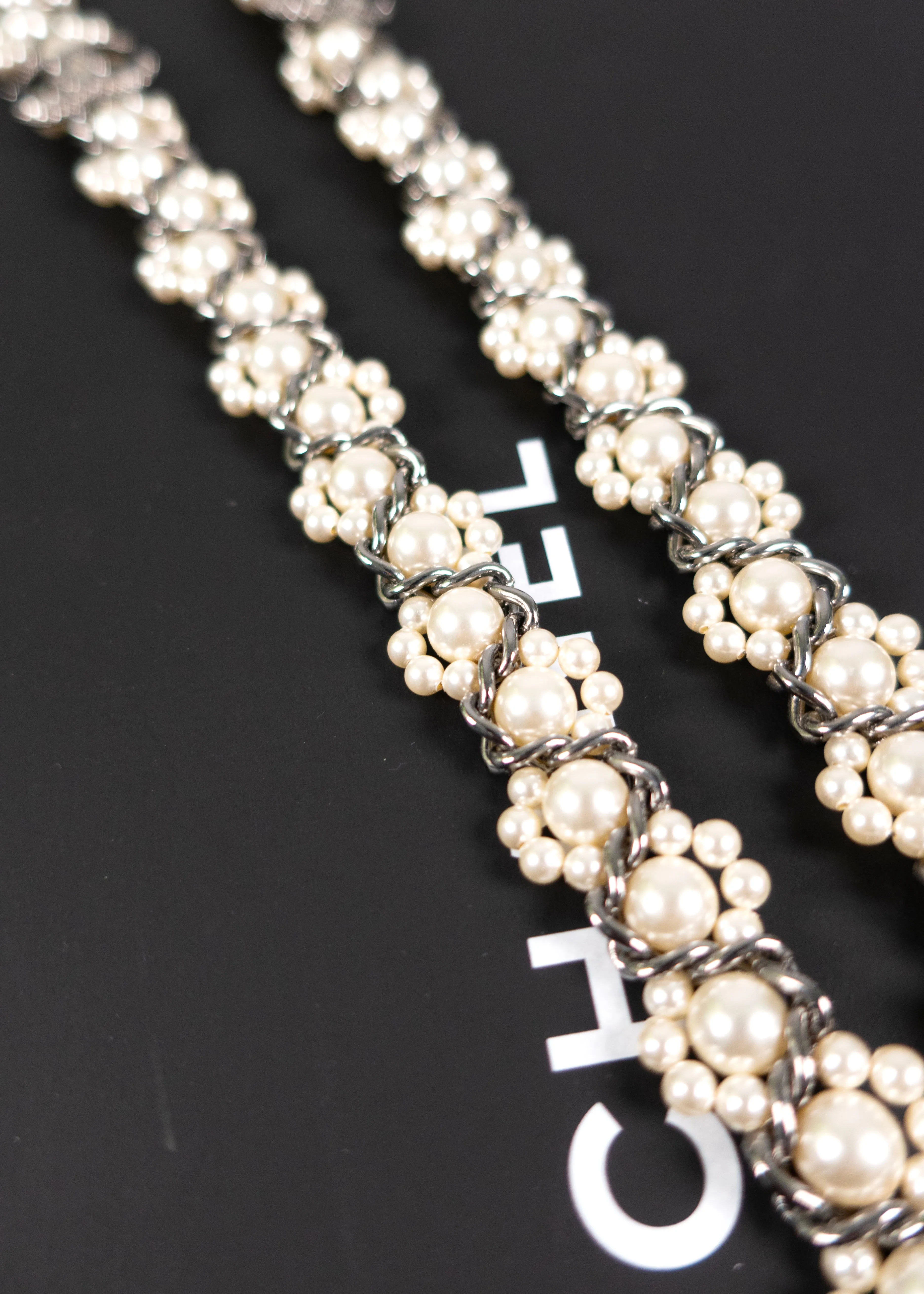 Chanel Faux Pearl & Strass Lanvard CC Logo Pendant Necklace