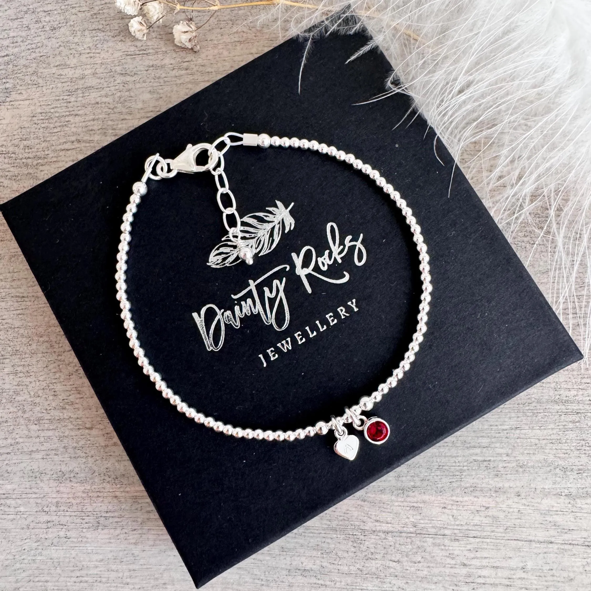 Dainty January Birthstone CZ Initial Bracelet, Personalised Jewellery