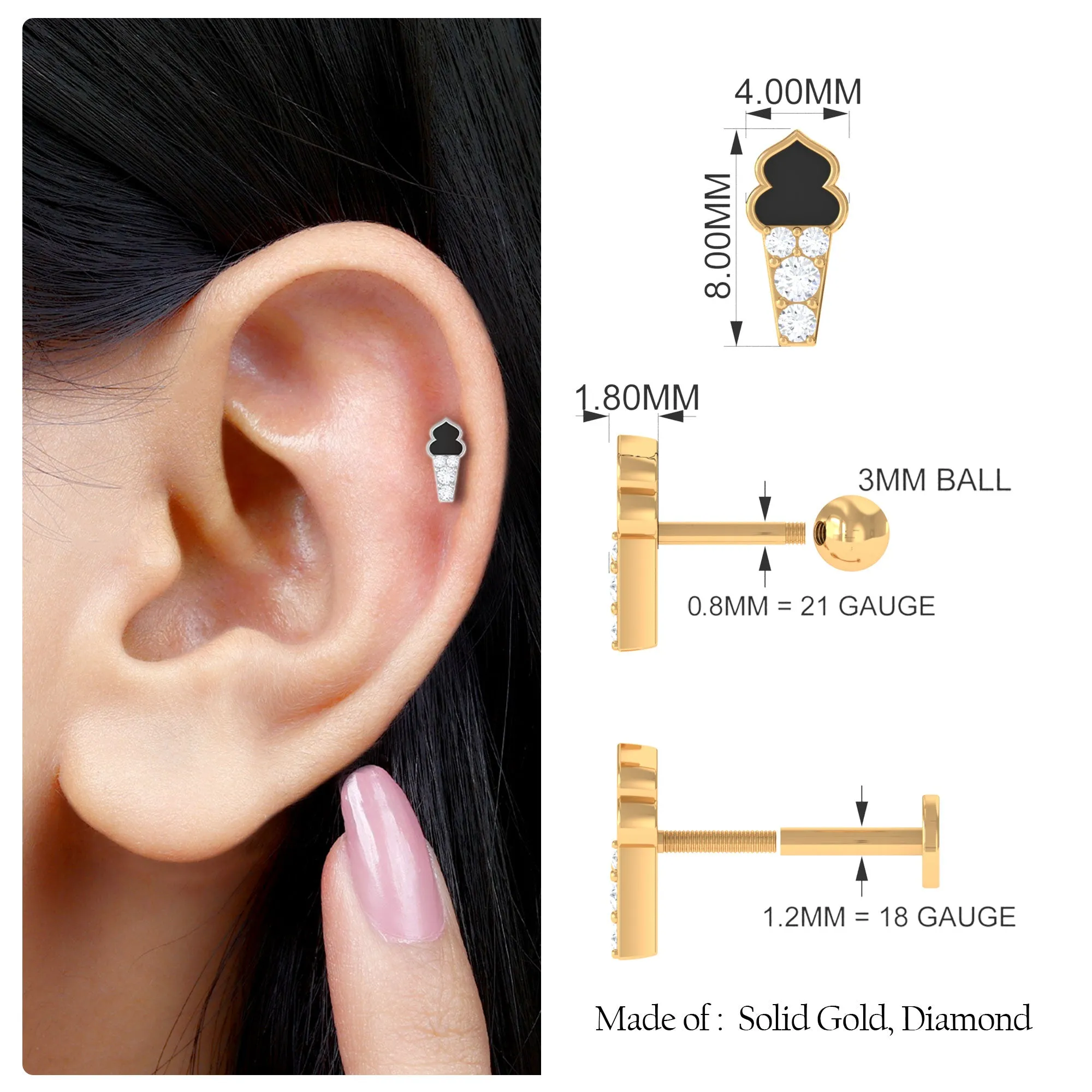 Diamond and Black Enamel Ice Cream Earring for Helix Piercing