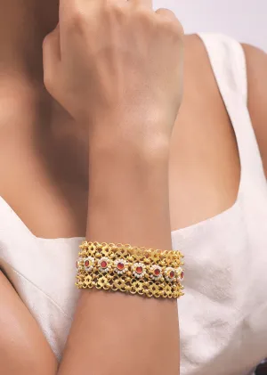 Gold Finish Kundan Bracelet With Ruby Stones In A Mix Metal