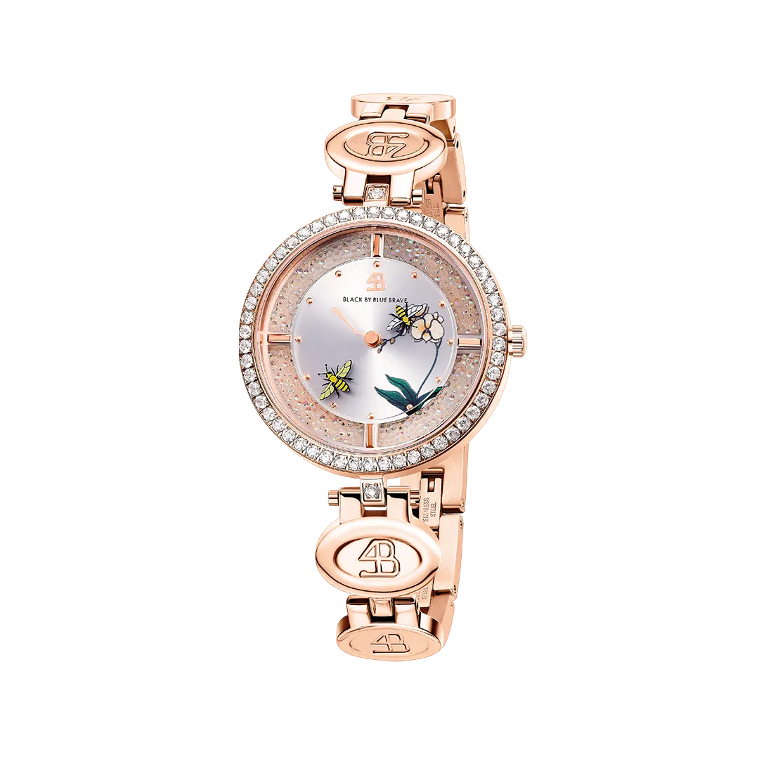 Honey Bee 34mm Ruby Red Dial Moving Bees Rose Gold Bracelet Watch