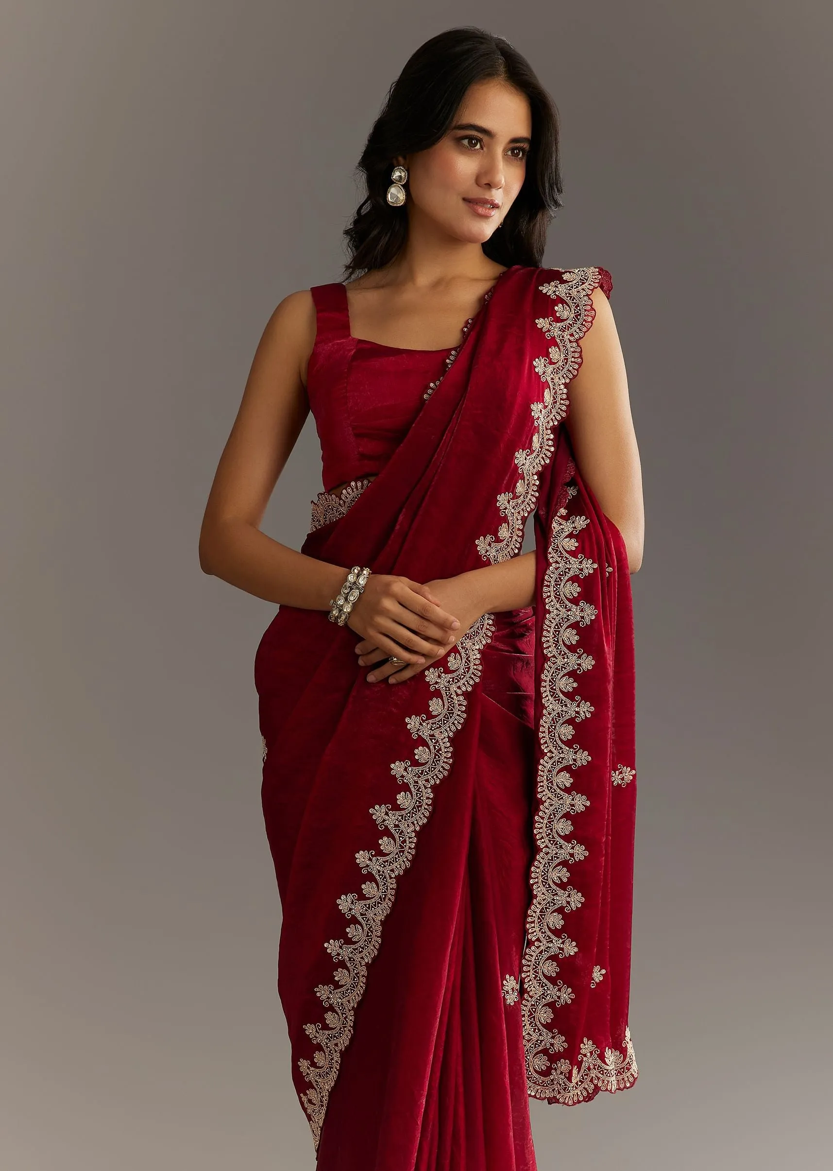 Maroon Satin Embroidered Saree With Scallop Border