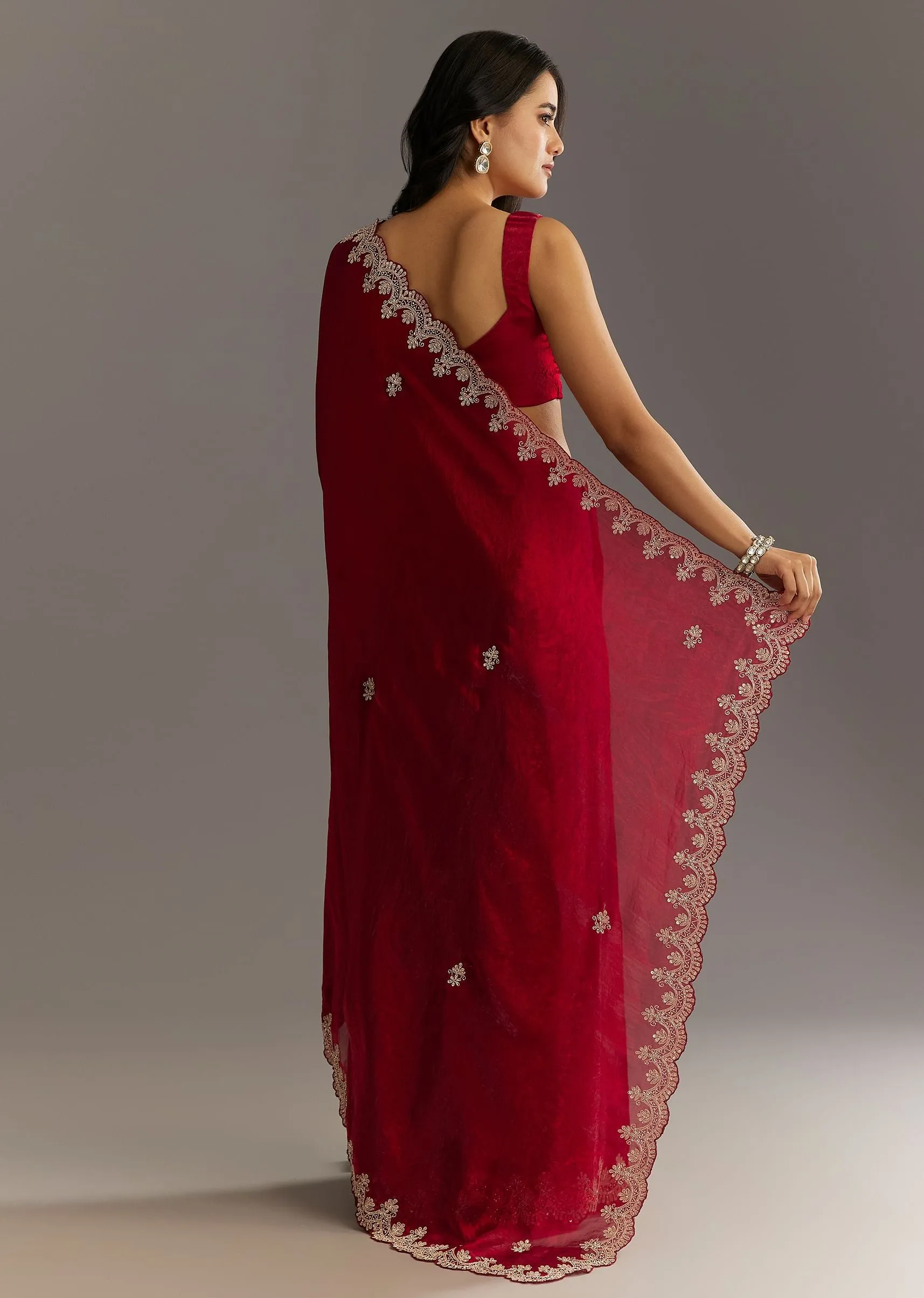 Maroon Satin Embroidered Saree With Scallop Border