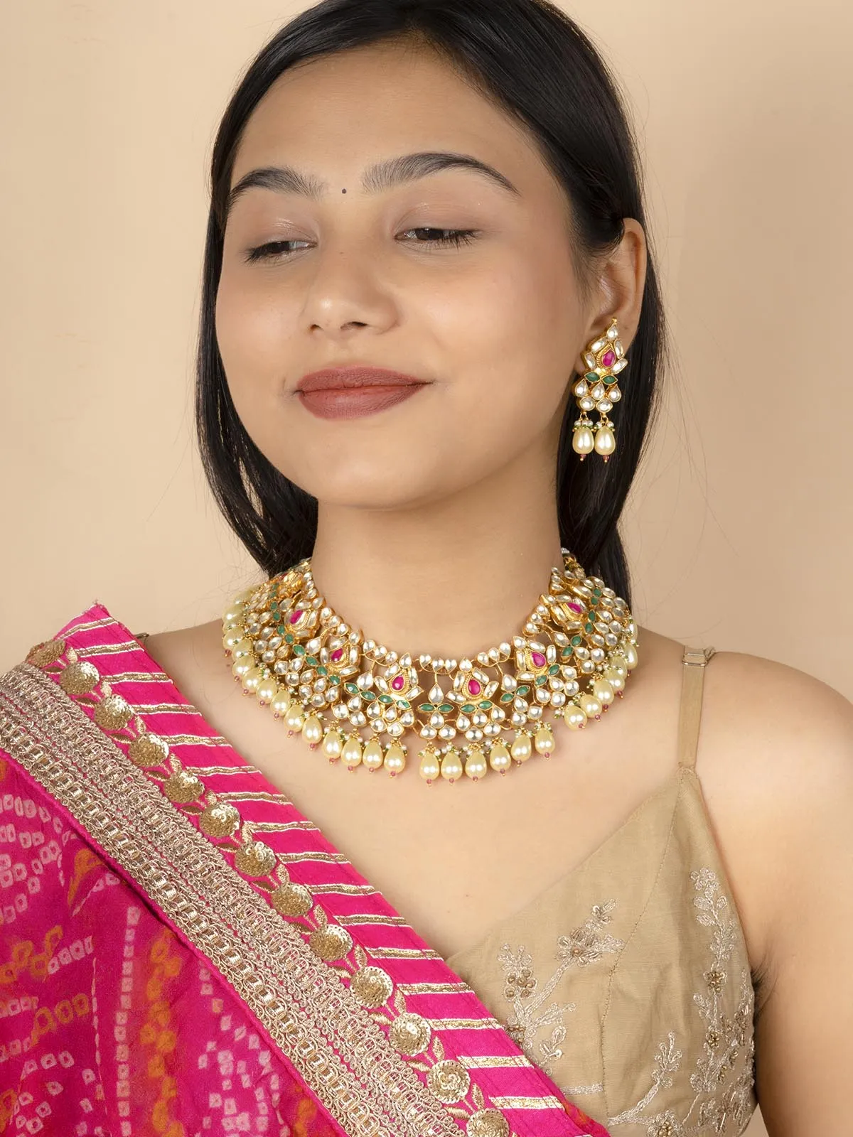 Multicolor Gold Plated Jadau Kundan Necklace Set - MS810M