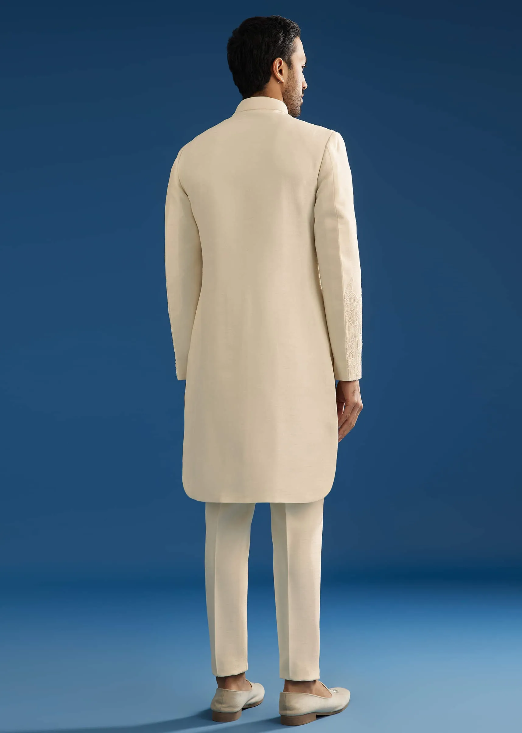 Off White Tussar Groomsman Sherwani Suit With Hand Embroidery