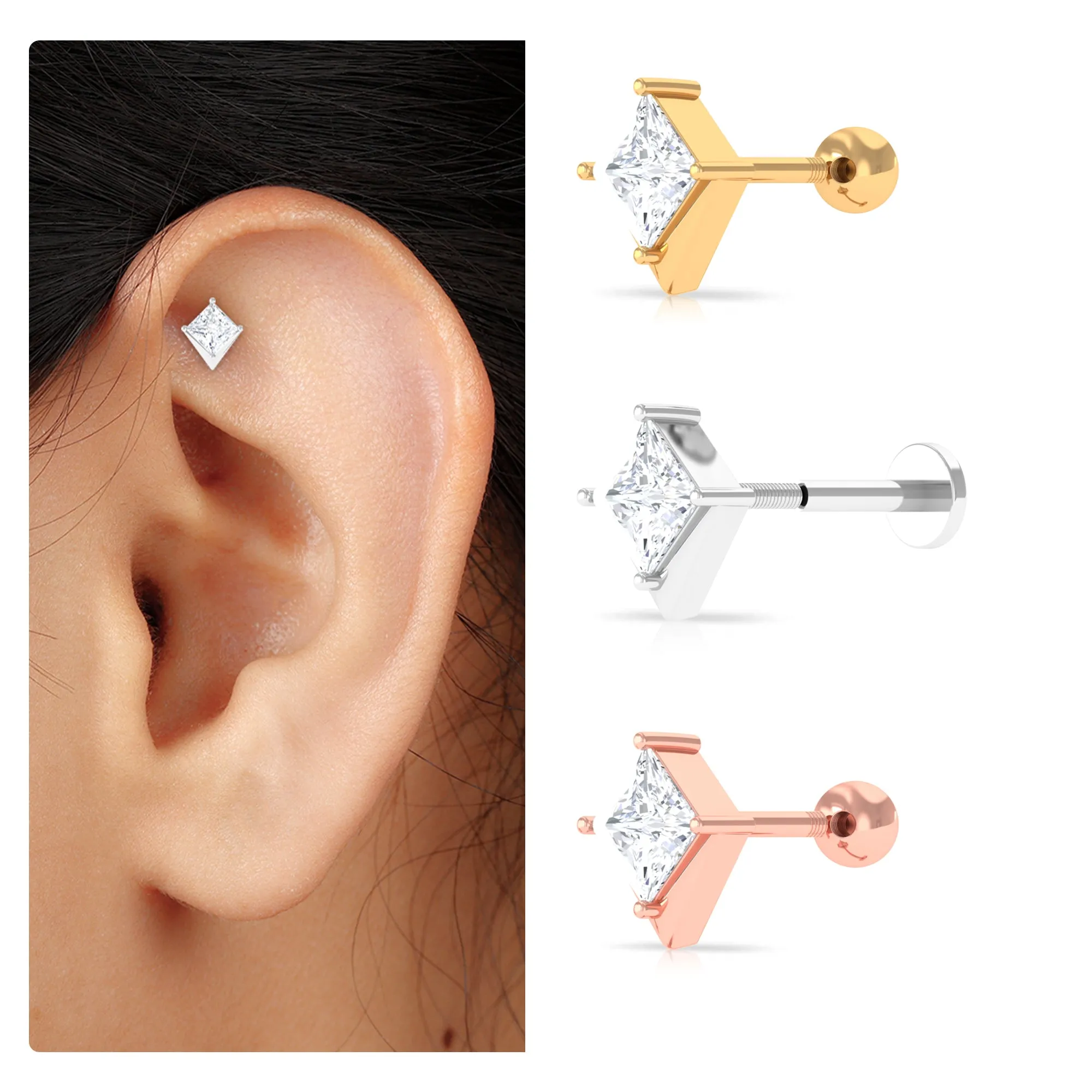 Princess Cut Moissanite Tragus Earring in Gold