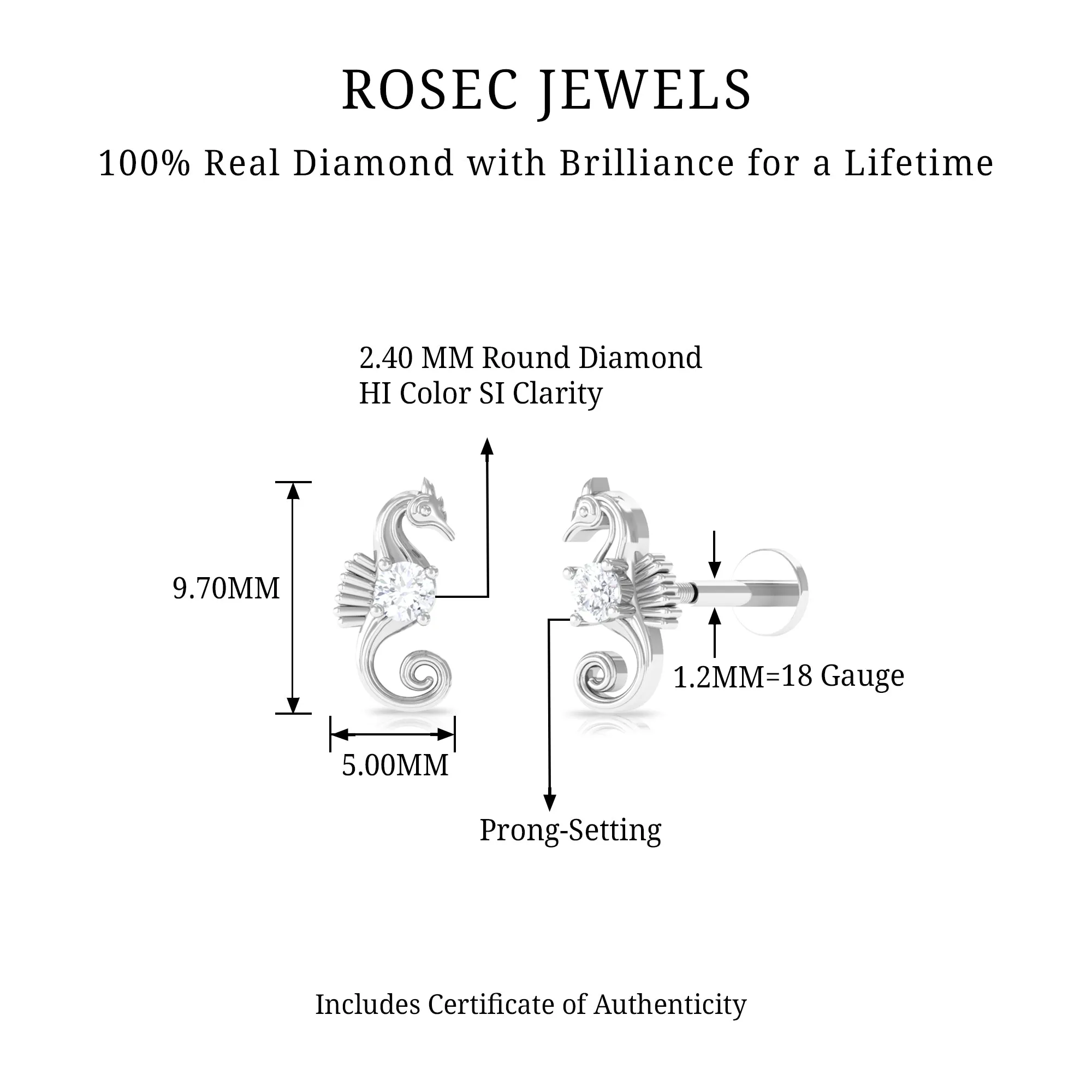 Real Diamond Cute Sea Horse Earring for Helix Piercing