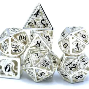Shiny Silver With Black Enamel Hollow Metal Dragon Polyhedral Dice Set