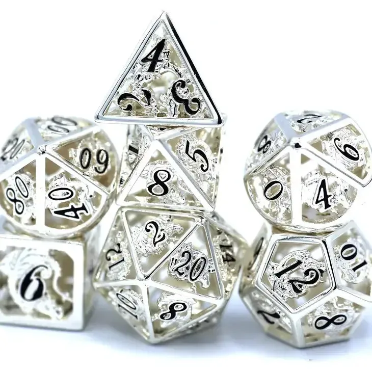 Shiny Silver With Black Enamel Hollow Metal Dragon Polyhedral Dice Set