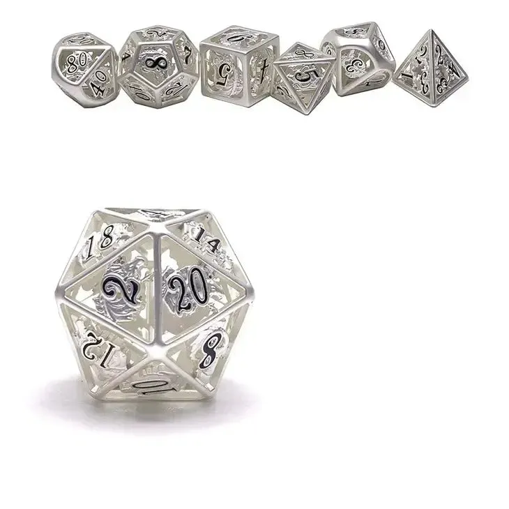 Shiny Silver With Black Enamel Hollow Metal Dragon Polyhedral Dice Set