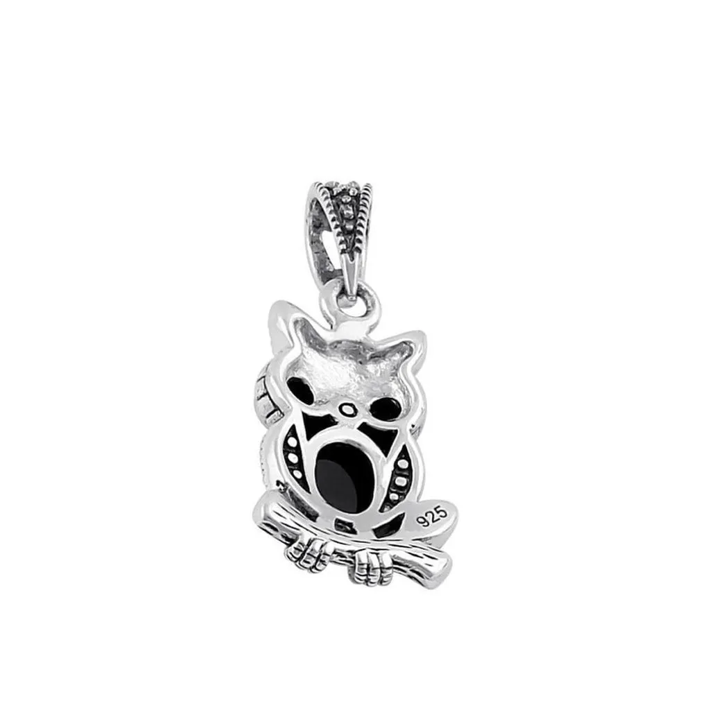 Sterling Silver Onyx and Dark Garnet Owl Marcasite Pendant