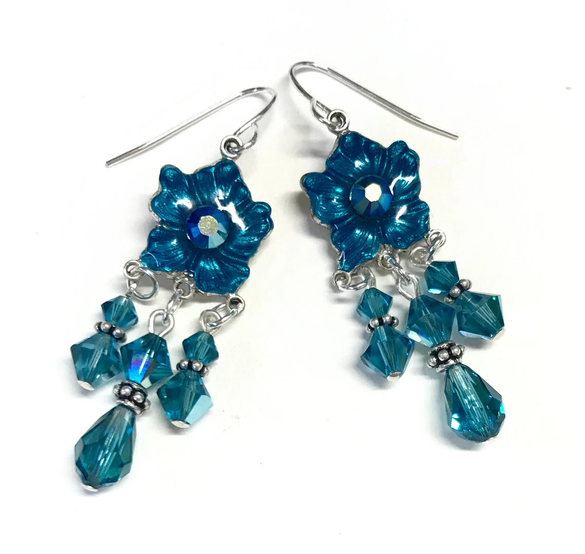 Teal Earrings - Hand Painted Flower - Crystal Dangle