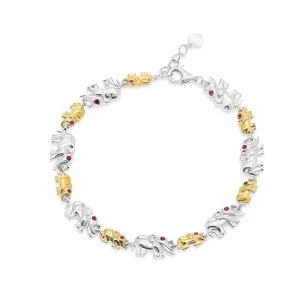 Two Tone Plated 925 Sterling Silver Alternating Big and Small Elephant Clear and Ruby Red CZ Adjustable Bracelet - GMB00155RG