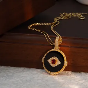 Vintage 18K Solid Gold Evil Eye Pendant with Natural Ruby , Diamond, Onyx