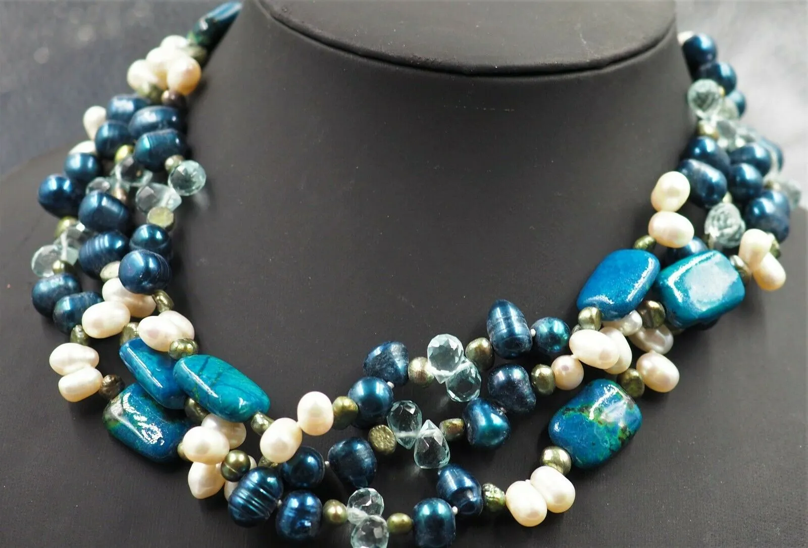 Vintage Blue, Green & White Freshwater Baroque Pearls & Glass & Ceramic Necklace