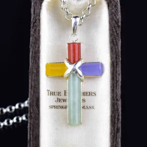 Vintage Multi Colored Jade Silver Cross Pendant Necklace